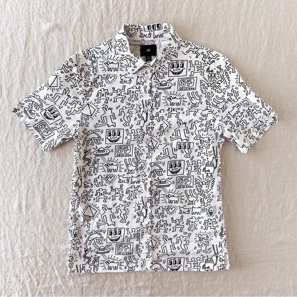 Keith Haring x HM printed white & black short sleeve button down shirt cotton - Picture 3 of 8